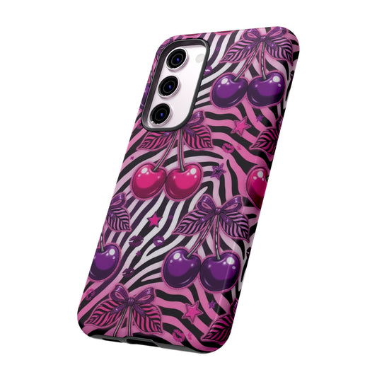 Pink Zebra Cherry Phone Case — Retro Girly Patterned Protective Case