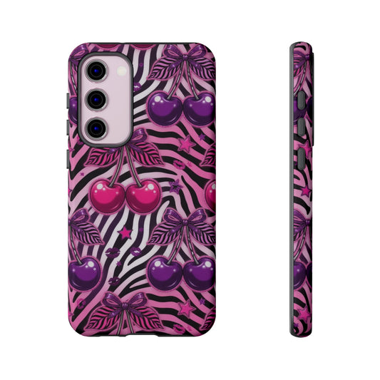 Pink Zebra Cherry Phone Case — Retro Girly Patterned Protective Case